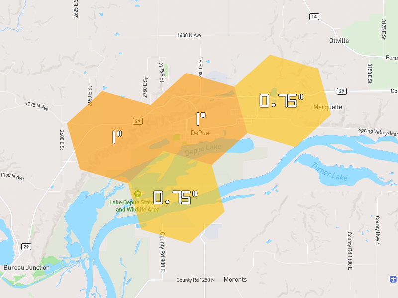Hail map of Depue, IL on Jul 4, 2026, hail up to 1"