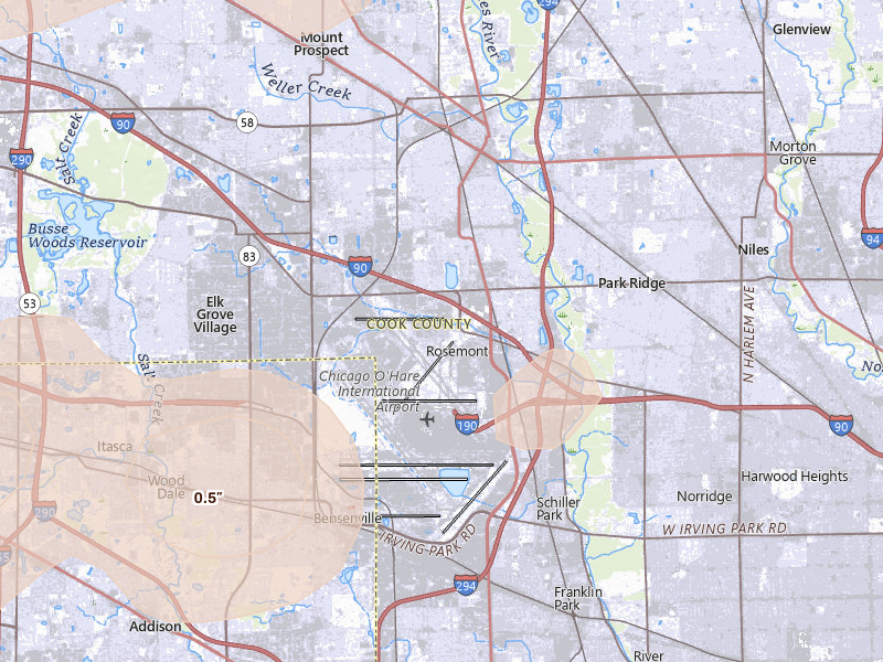 Radar-estimated hail-size map of the storm over Des Plaines, IL on Apr 14, 2026