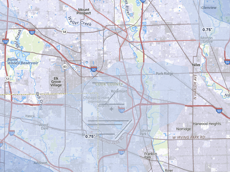 NEXRAD radar-signature map of the hail storm over Des Plaines, IL on Jul 2, 2026