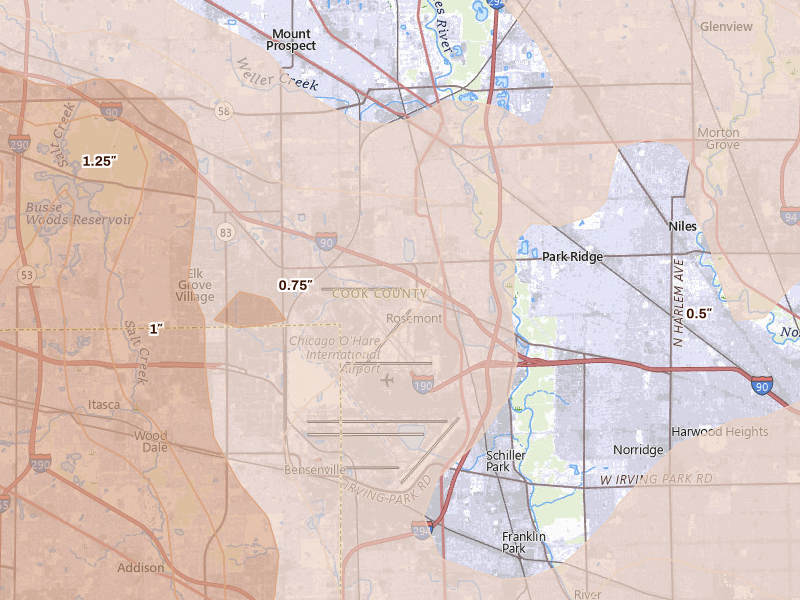 Radar-estimated hail-size map of the storm over Des Plaines, IL on Jul 27, 2026