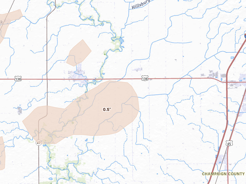 Radar-estimated hail-size map of the storm over Dewey, IL on Aug 13, 2026
