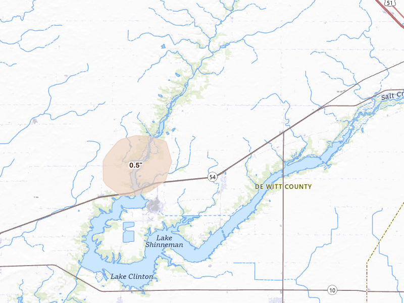 Radar-estimated hail-size map of the storm over Dewitt, IL on Jun 10, 2026