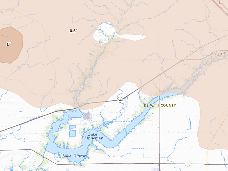 Radar-estimated hail-size map of the storm over Dewitt, IL on Aug 11, 2026