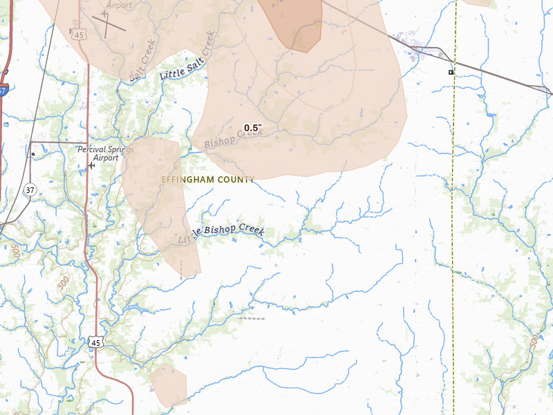 Radar-estimated hail-size map of the storm over Dieterich, IL on Jul 26, 2026