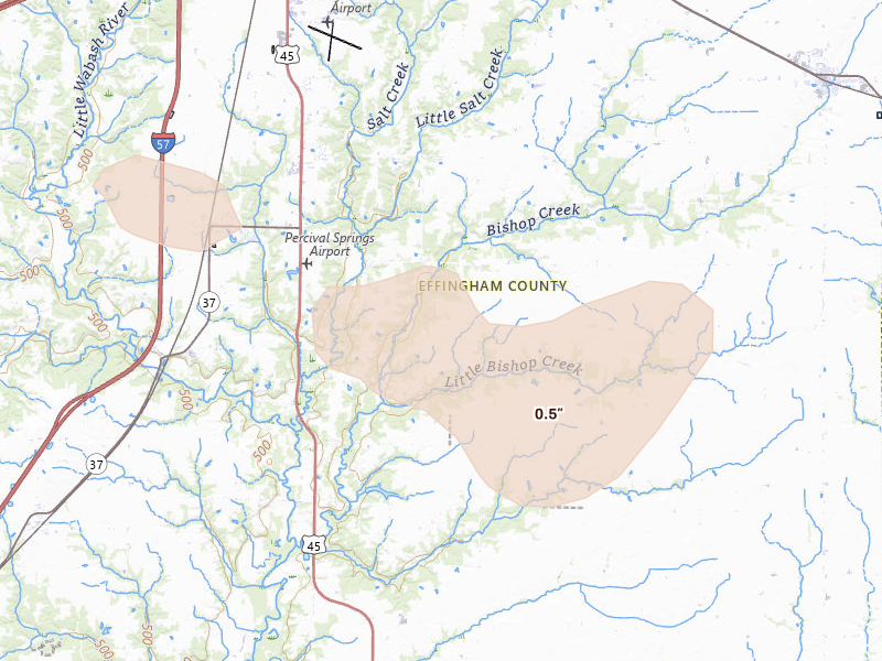 Radar-estimated hail-size map of the storm over Dieterich, IL on Aug 19, 2026