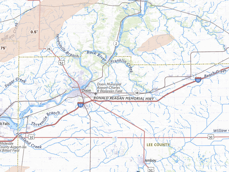 Radar-estimated hail-size map of the storm over Dixon, IL on Mar 31, 2026