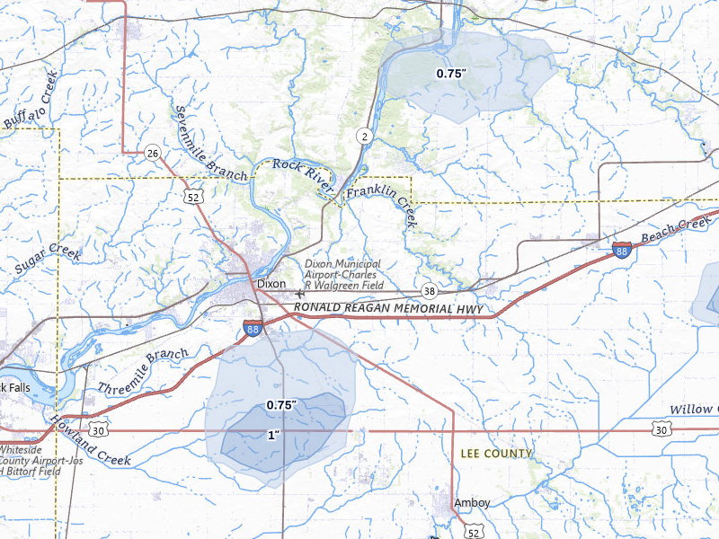 NEXRAD radar-signature map of the hail over Dixon, IL