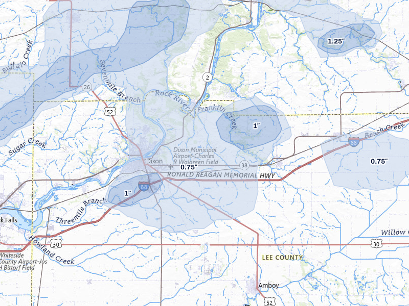 NEXRAD radar-signature map of the hail storm over Dixon, IL on Jul 3, 2026