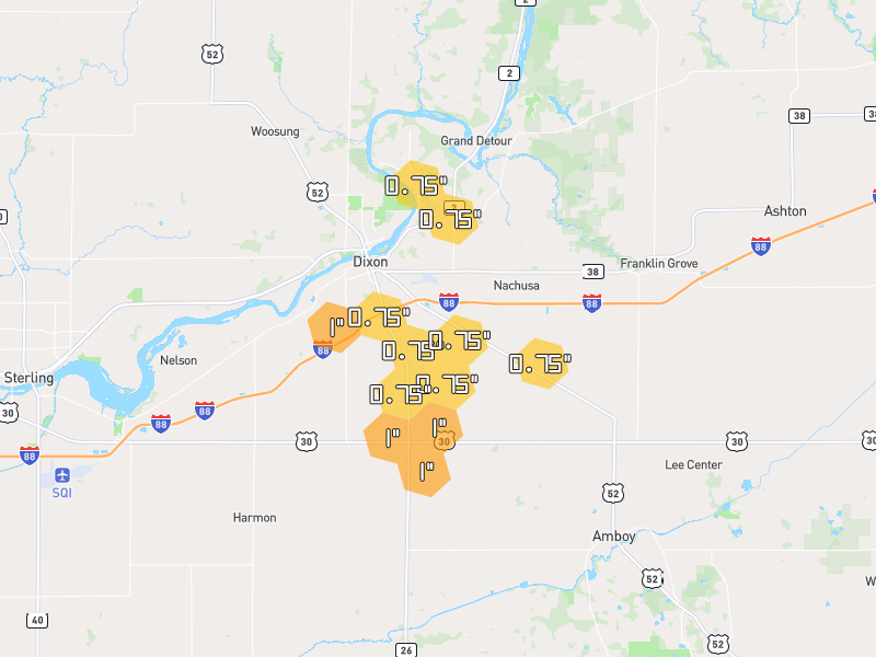 Hail map of Dixon, IL on Jul 3, 2026, hail up to 1"
