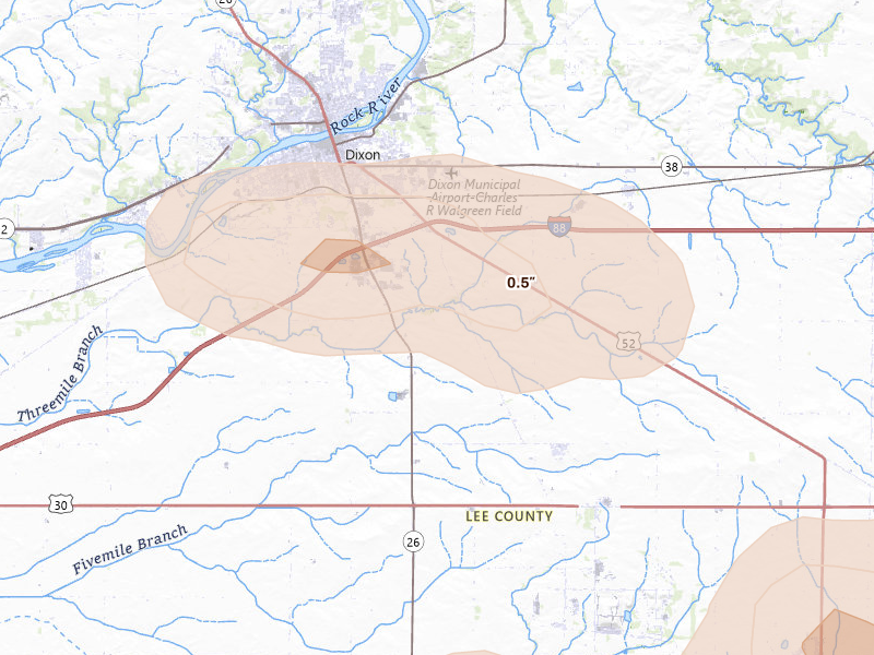 Radar-estimated hail-size map of the storm over Dixon, IL on Aug 9, 2026