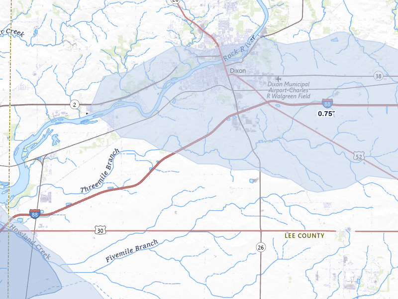 NEXRAD radar-signature map of the hail storm over Dixon, IL on Aug 11, 2026