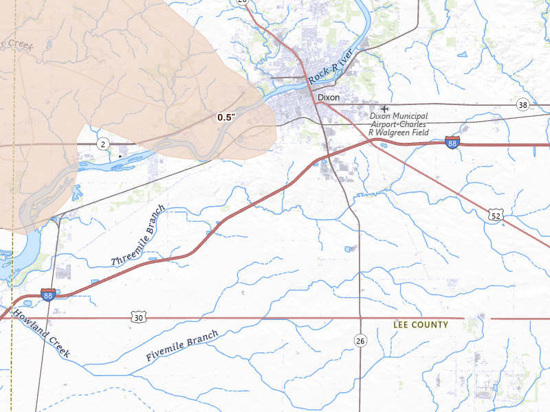 Radar-estimated hail-size map of the storm over Dixon, IL on Aug 21, 2026