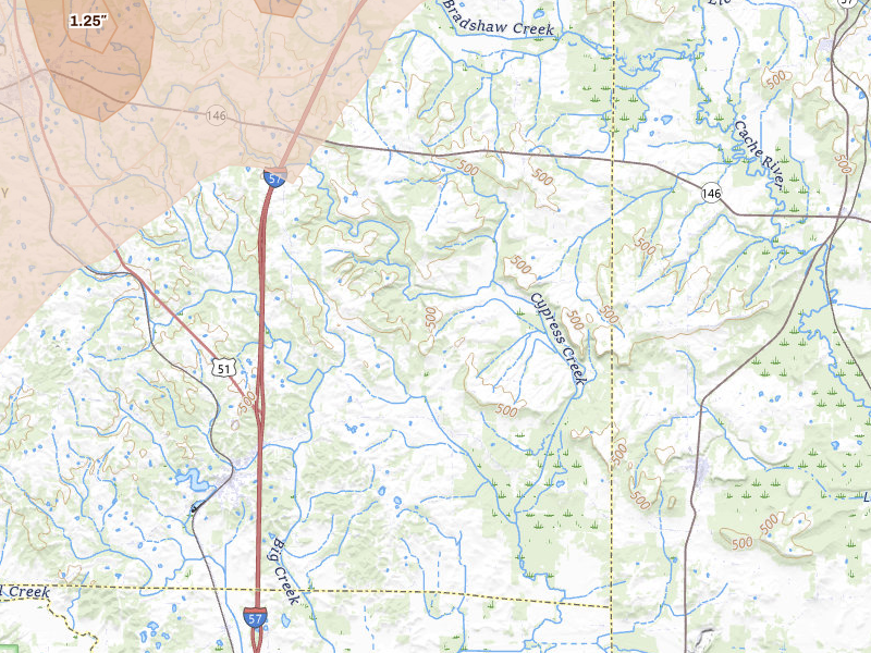 Radar-estimated hail-size map of the storm over Dongola, IL on Apr 27, 2026
