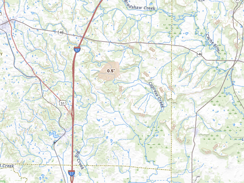 Radar-estimated hail-size map of the storm over Dongola, IL on May 18, 2026