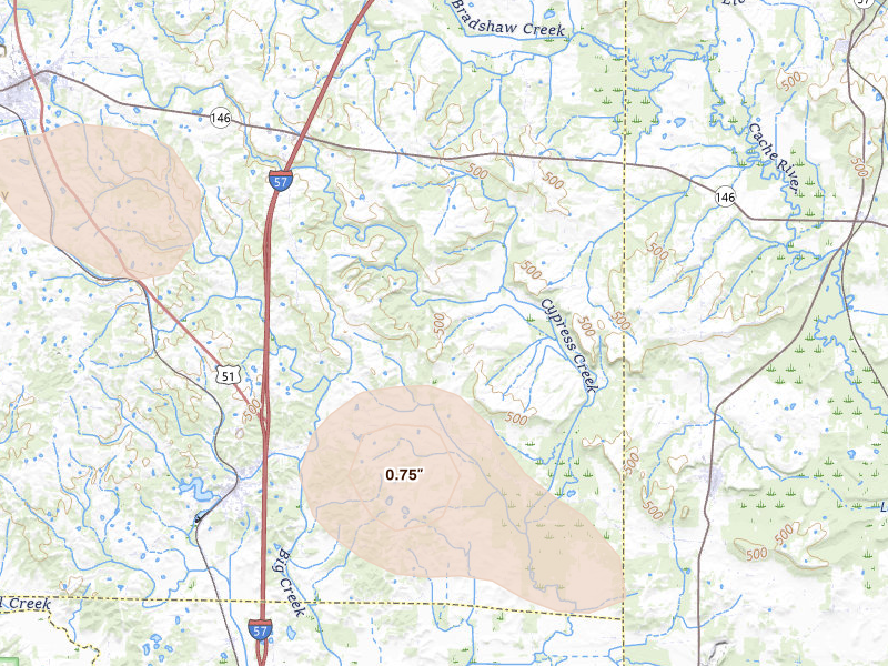 Radar-estimated hail-size map of the storm over Dongola, IL on Jul 8, 2026