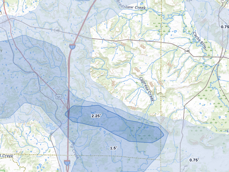 NEXRAD radar-signature map of the hail storm over Dongola, IL on Jul 8, 2026