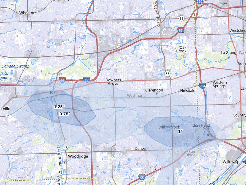 NEXRAD radar-signature map of the hail storm over Downers Grove, IL on Mar 26, 2026