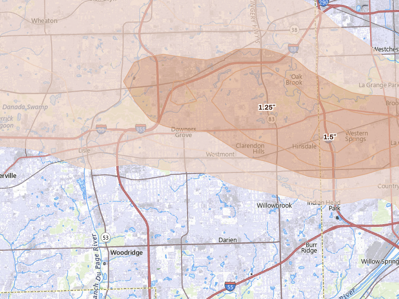 Radar-estimated hail-size map of the storm over Downers Grove, IL on Mar 30, 2026