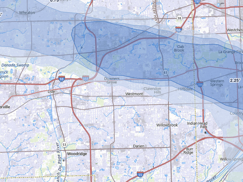 NEXRAD radar-signature map of the hail storm over Downers Grove, IL on Mar 30, 2026