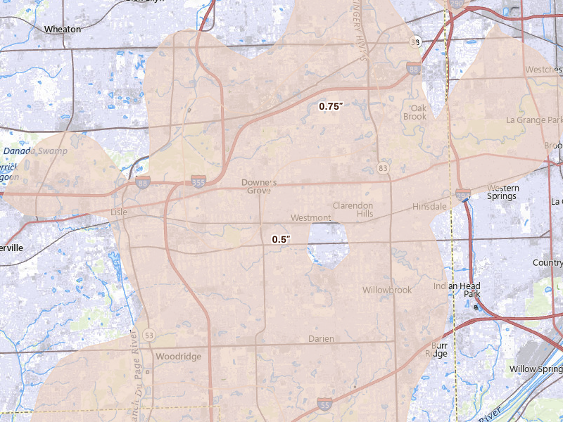 Radar-estimated hail-size map of the storm over Downers Grove, IL on Jun 10, 2026