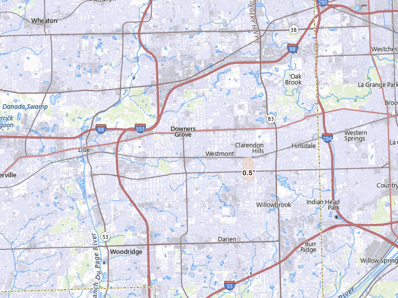 Radar-estimated hail-size map of the storm over Downers Grove, IL on Jun 11, 2026