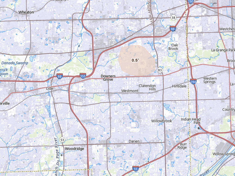 Radar-estimated hail-size map of the storm over Downers Grove, IL
