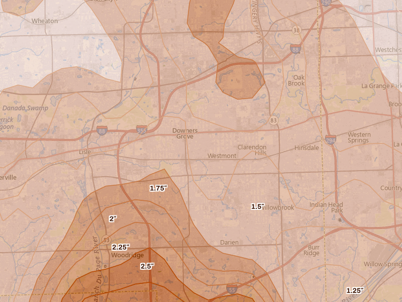 Radar-estimated hail-size map of the storm over Downers Grove, IL on Jul 27, 2026