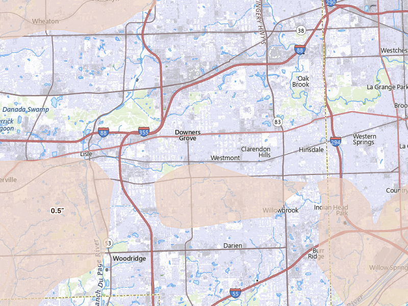Radar-estimated hail-size map of the storm over Downers Grove, IL on Aug 9, 2026