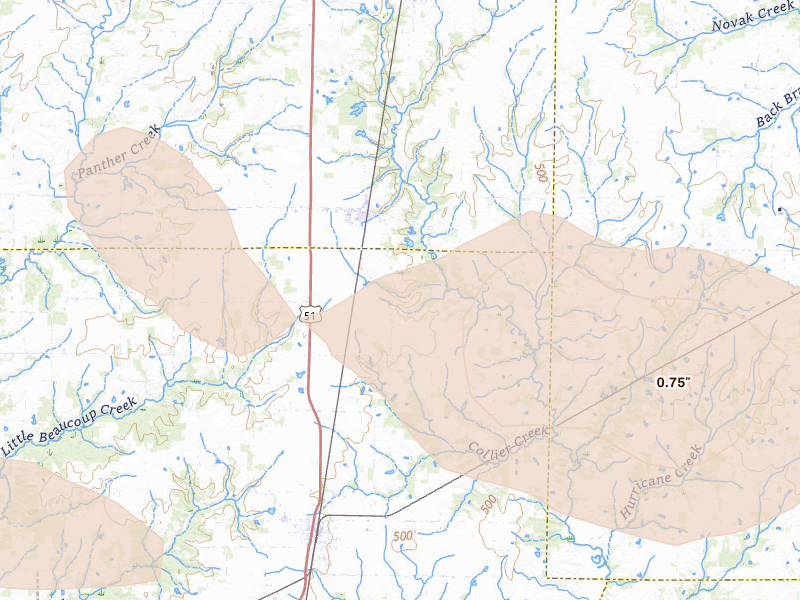 Radar-estimated hail-size map of the storm over Du Bois, IL on Aug 12, 2026