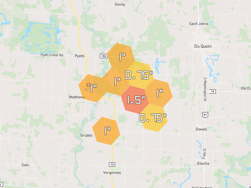 Hail map of Du Quoin, IL on Jun 1, 2026, hail up to 1.5"
