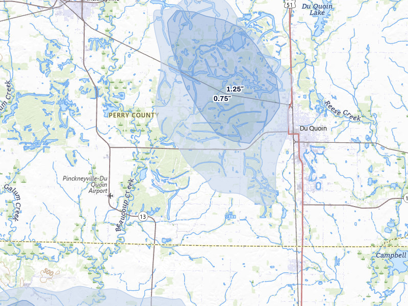 NEXRAD radar-signature map of the hail storm over Du Quoin, IL on Jul 8, 2026