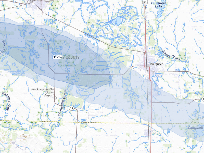NEXRAD radar-signature map of the hail storm over Du Quoin, IL on Jul 10, 2026