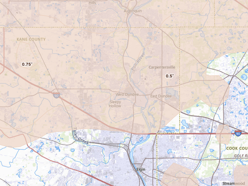 Radar-estimated hail-size map of the storm over Dundee, IL on Apr 14, 2026