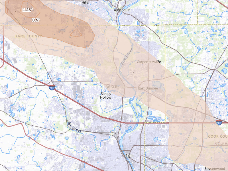 Radar-estimated hail-size map of the storm over Dundee, IL on Jun 24, 2026