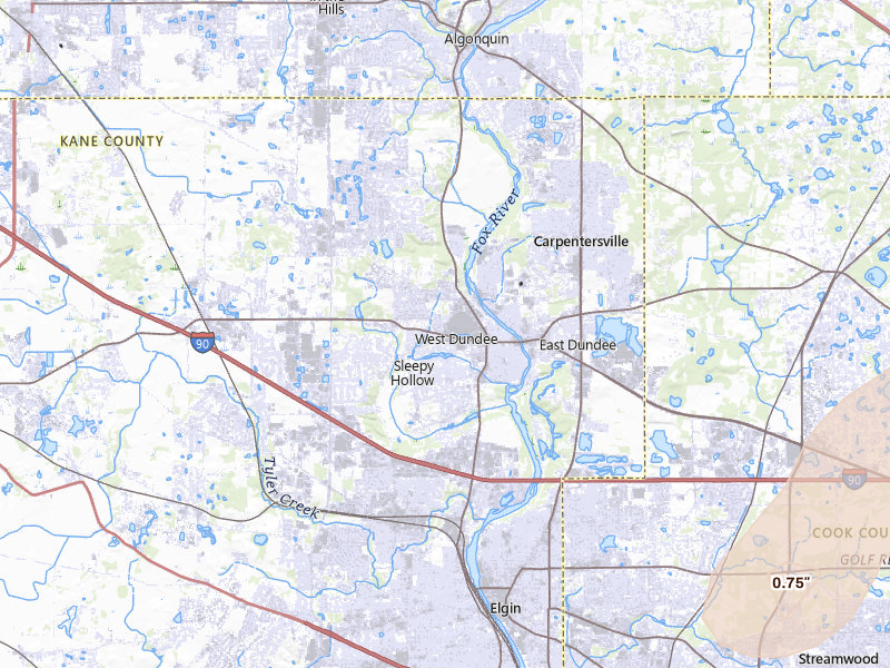 Radar-estimated hail-size map of the storm over Dundee, IL on Jul 3, 2026