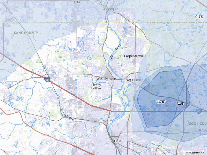 NEXRAD radar-signature map of the hail storm over Dundee, IL on Jul 3, 2026