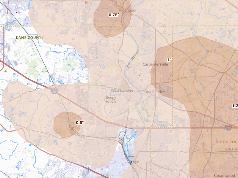 Radar-estimated hail-size map of the storm over Dundee, IL on Jul 27, 2026
