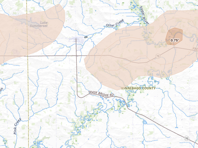 Radar-estimated hail-size map of the storm over Durand, IL on Mar 10, 2026