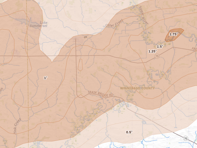 Radar-estimated hail-size map of the storm over Durand, IL on Apr 17, 2026