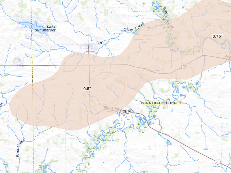 Radar-estimated hail-size map of the storm over Durand, IL on Jul 3, 2026