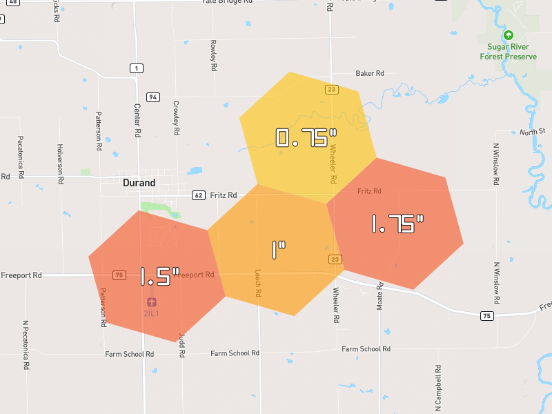 Hail map of Durand, IL on Jul 3, 2026, hail up to 1.75"