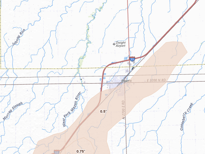 Radar-estimated hail-size map of the storm over Dwight, IL on Jun 11, 2026