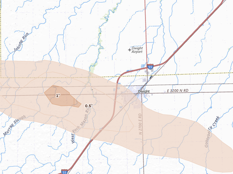 Radar-estimated hail-size map of the storm over Dwight, IL on Jun 24, 2026