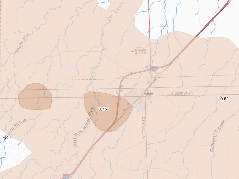 Radar-estimated hail-size map of the storm over Dwight, IL on Aug 9, 2026