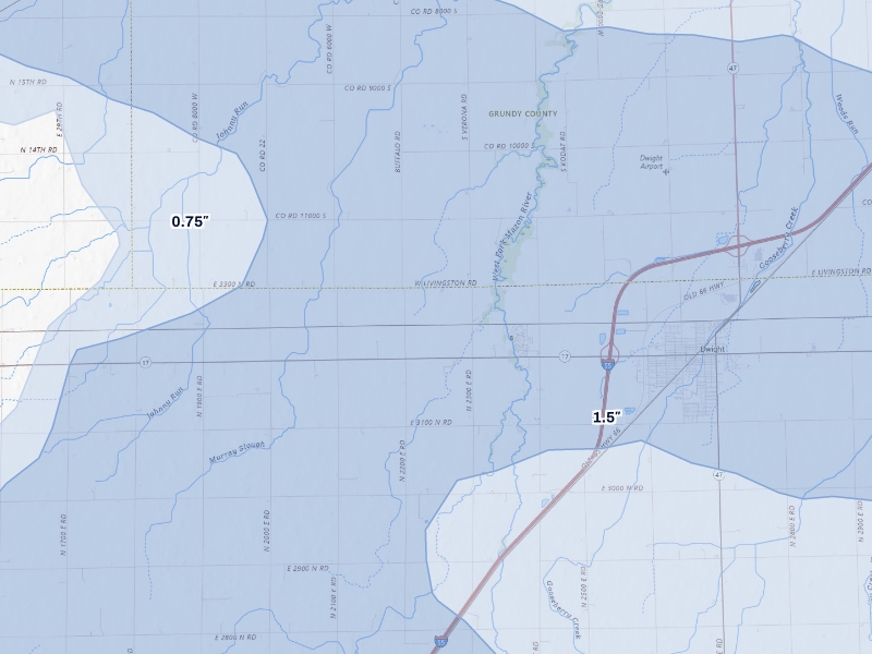 NEXRAD radar-signature map of the hail storm over Dwight, IL on Aug 9, 2026