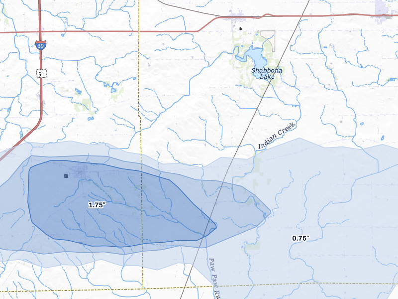 NEXRAD radar-signature map of the hail over Earlville, IL