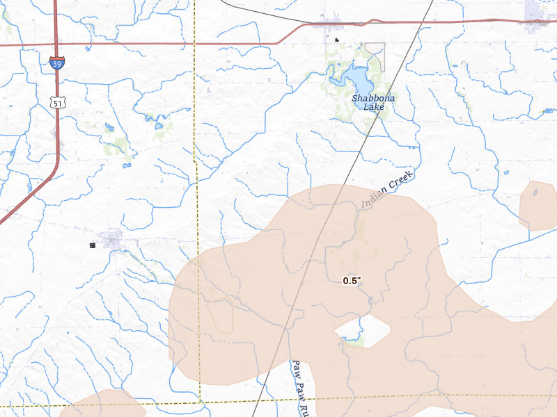 Radar-estimated hail-size map of the storm over Earlville, IL on Jul 2, 2026