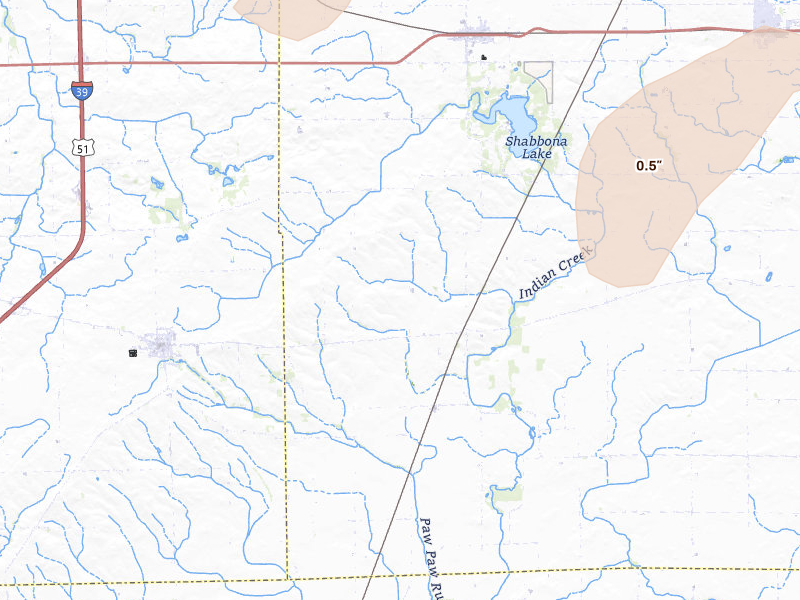 Radar-estimated hail-size map of the storm over Earlville, IL on Jul 3, 2026