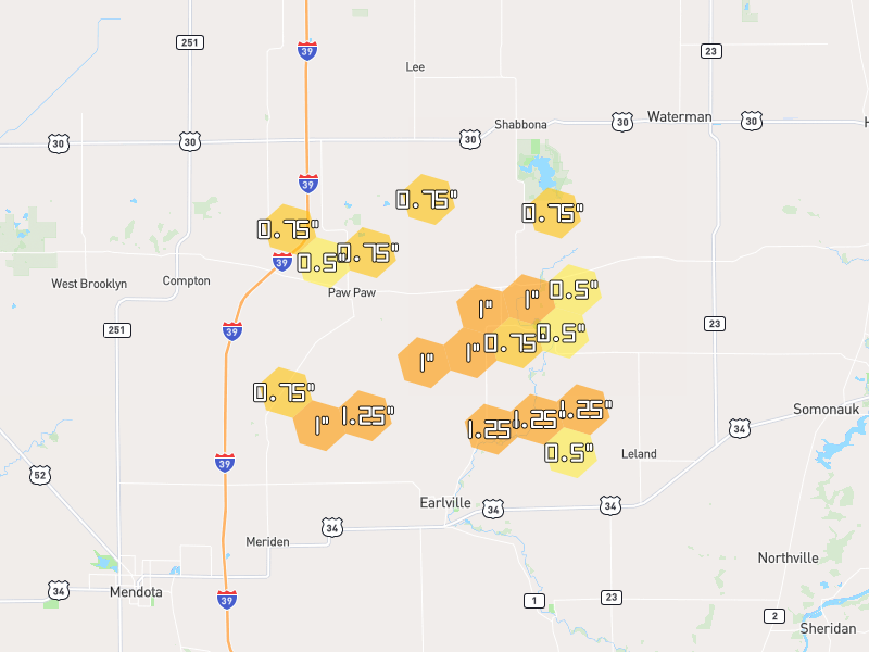 Hail map of Earlville, IL on Jul 3, 2026, hail up to 1.25"