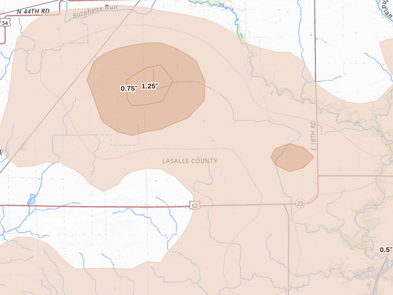 Radar-estimated hail-size map of the storm over Earlville, IL on Aug 11, 2026